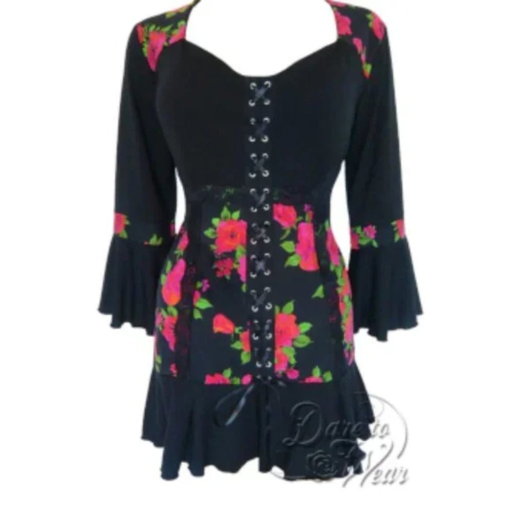 Pink Rose Floral Goth Corset Style Bell Sleeve Black Gothic Top Sexy